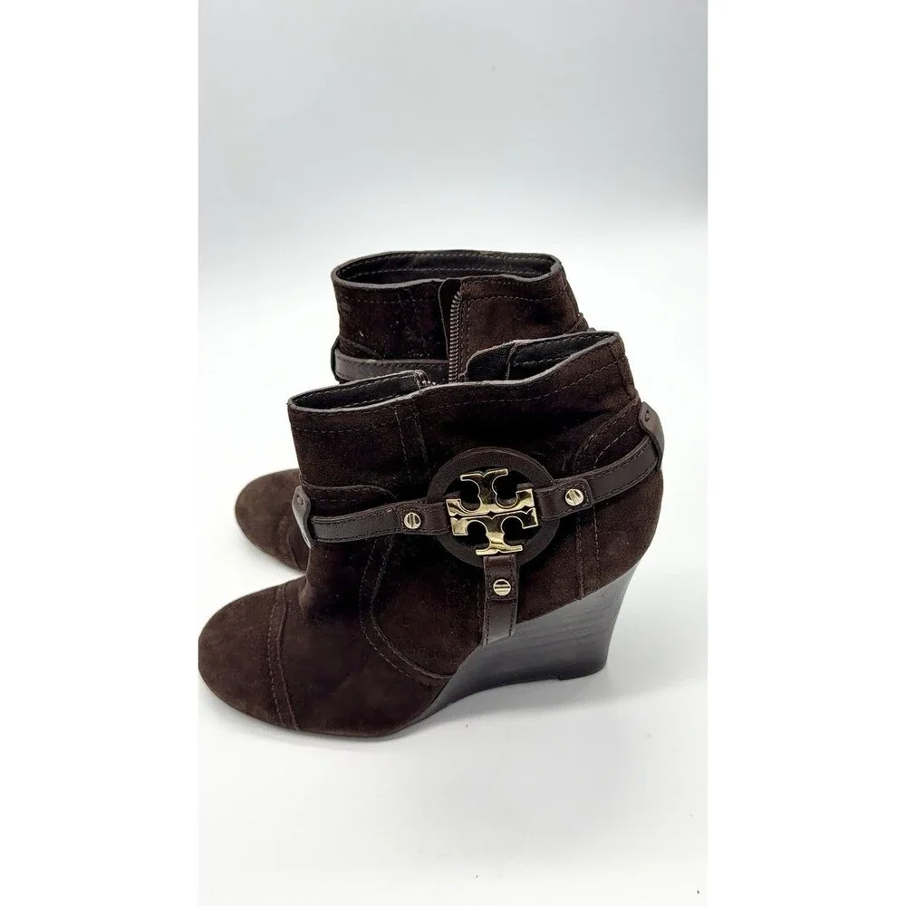 TORY BURCH Aaden brown suede gold logo detail wedge heel ankle boots size 7M